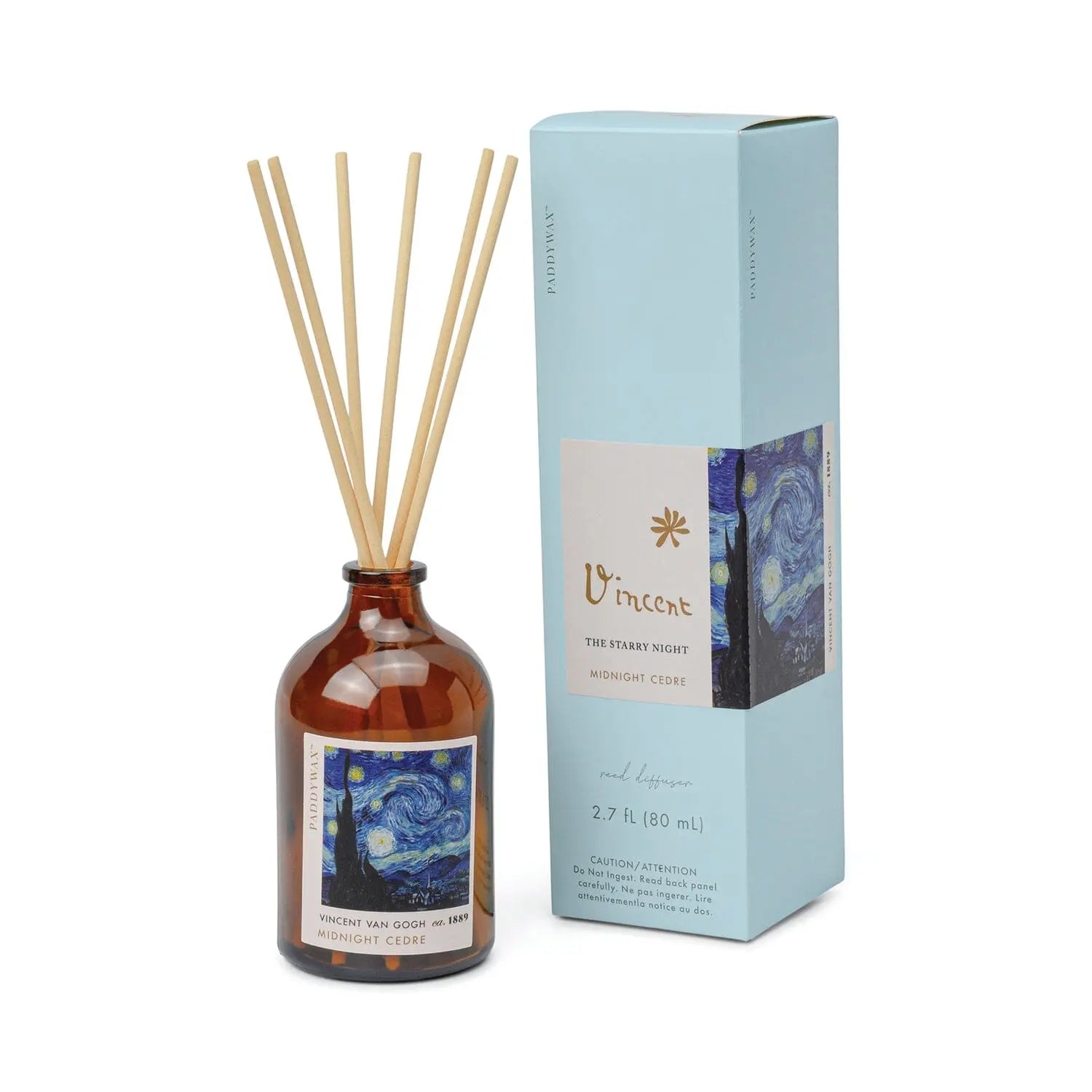The Vincent Midnight Cedre - Impressionist Diffuser (2.7 fl oz) comes in a brown glass bottle with a Starry Night label and a light blue box adorned with Van Gogh’s artwork—ideal for art lovers or unique Van Gogh gifts.