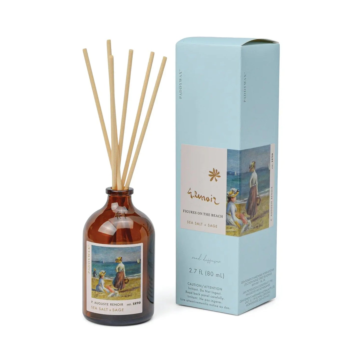 The Renior Sea Salt + Sage Impressionist Diffuser (2.7 fl oz) features a brown glass bottle with beach art, a blue trunoi box, and wooden reeds. Inspired by impressionist candles, it brings seaside charm to your space.