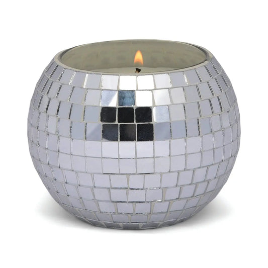 The Sparkling Bergamot - Magique Disco Ball 10 oz candle features a round holder with small, reflective silver mosaic tiles, adding a shiny decorative touch to any space.