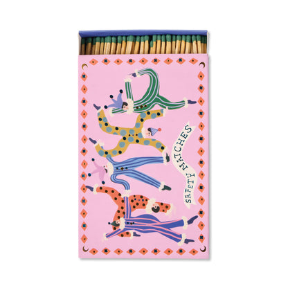 Jesters - Large Rectangle Boxed Matches feature a pink cover with four colorful clowns jumping and dancing—perfect for playful décor.