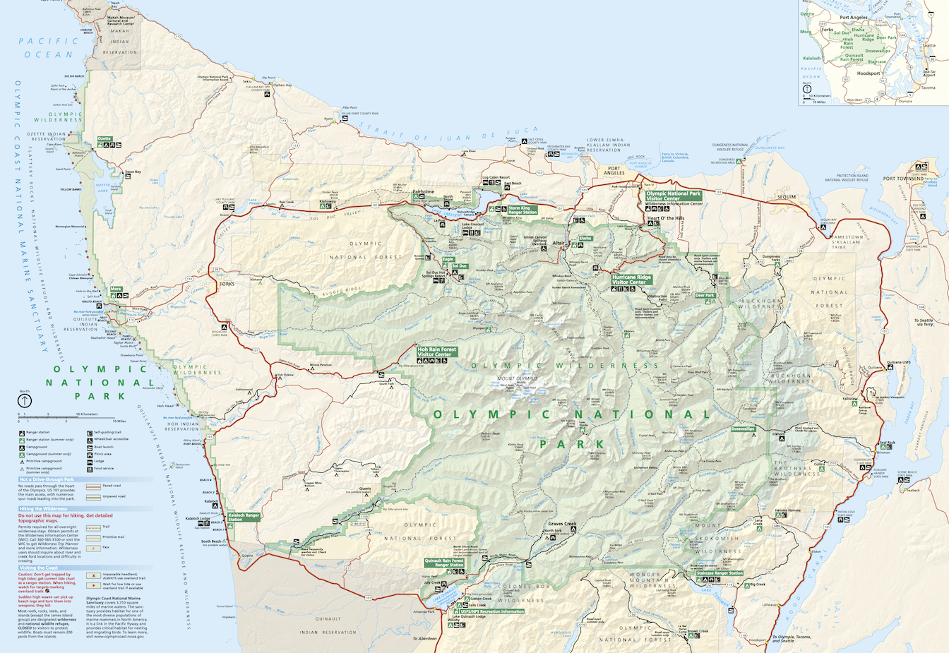 Map of Olympic National Park in Washington, showing park boundaries, roads, trails, campgrounds, rivers, lakes, mountainous areas, and key locations such as Hurricane Ridge, Hoh Rain Forest, and coastlines along the Pacific Ocean.