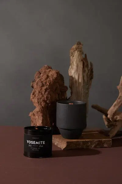 A Yosemite - Parks 6 oz Tin Candle rests on a brown surface beside a black cup and driftwood, all set against a dark gray background.