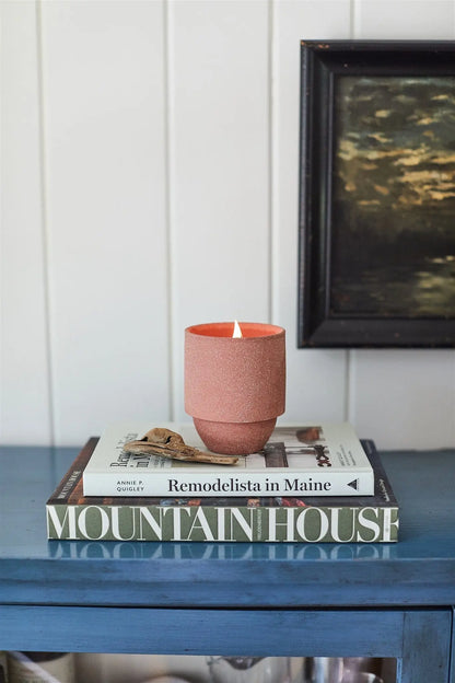 The Redwoods - Parks 11 oz Candle, featuring a crackling wood wick and pink wax, sits atop two books on a blue table. Its woody Redwood and Lily scent is inspired by Redwoods National Park. A framed painting appears in the background.