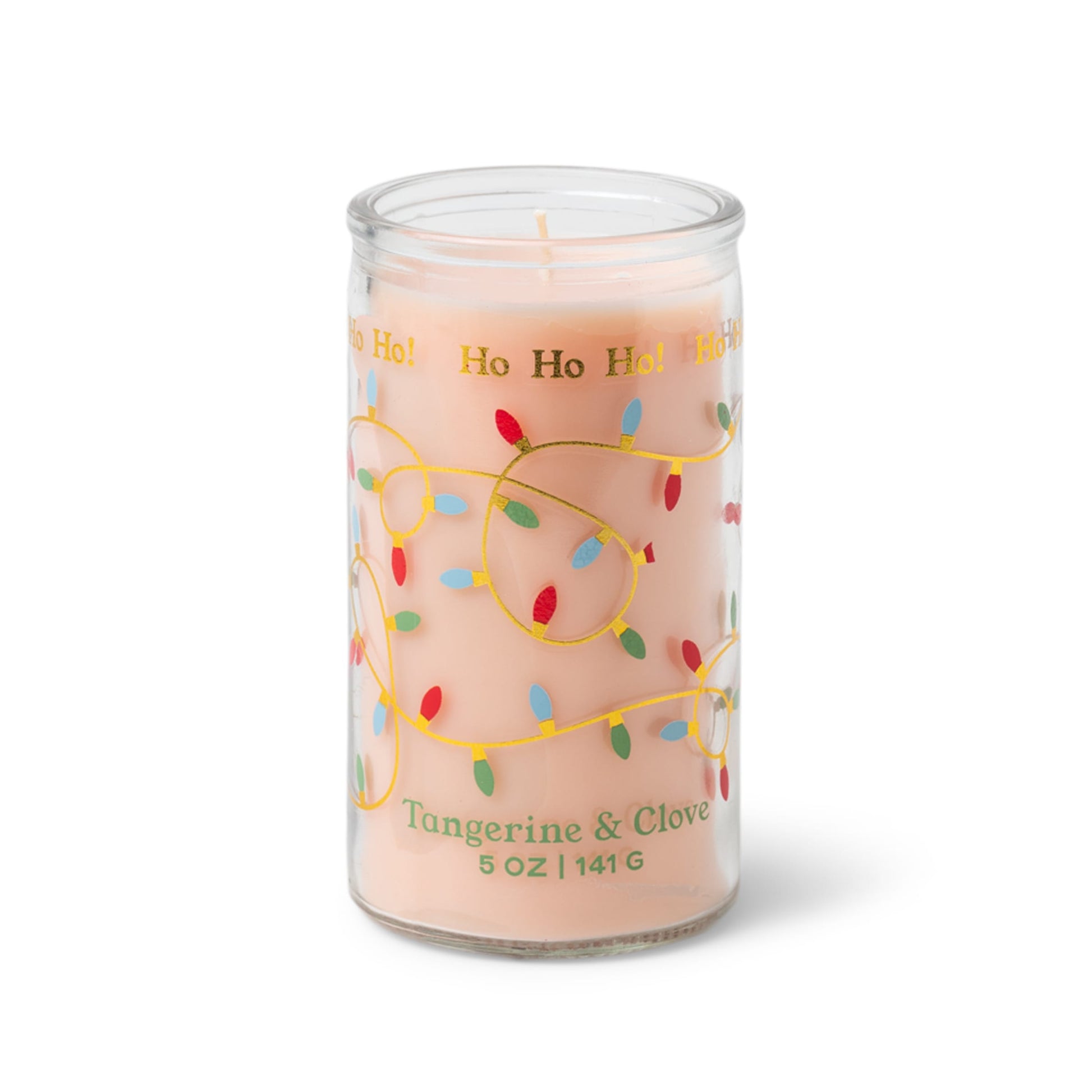 A 5 oz Tangerine & Clove candle in a glass jar, featuring a pink wax, colorful holiday lights, and the phrase “Ho Ho Ho!” on the label.