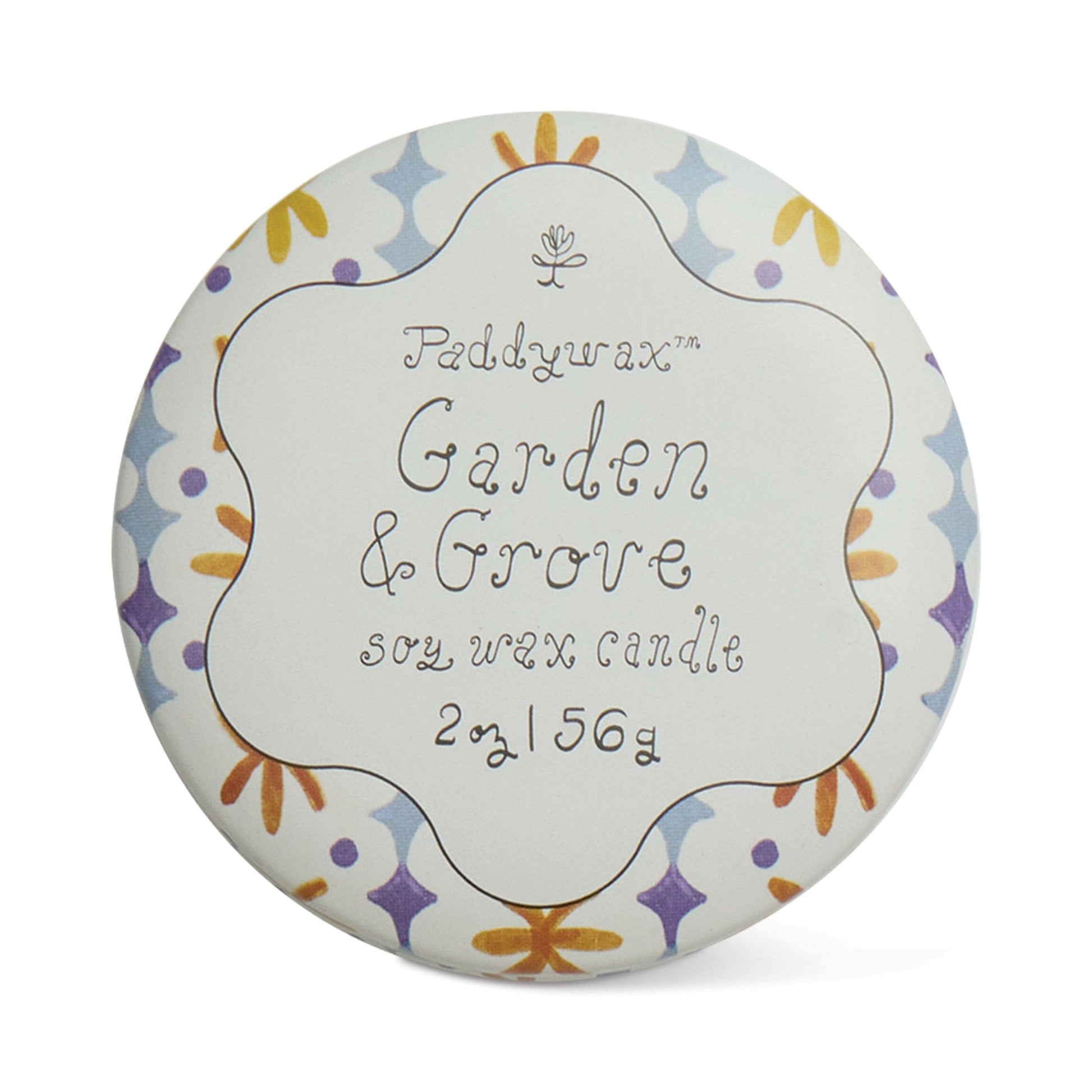 Garden & Grove - Tulip 2 oz Tin Candle in a round tin with a floral-patterned lid, whimsical script, and pastel purple, blue, yellow, and orange accents. Soy wax candle weighs 2 oz (56 g).