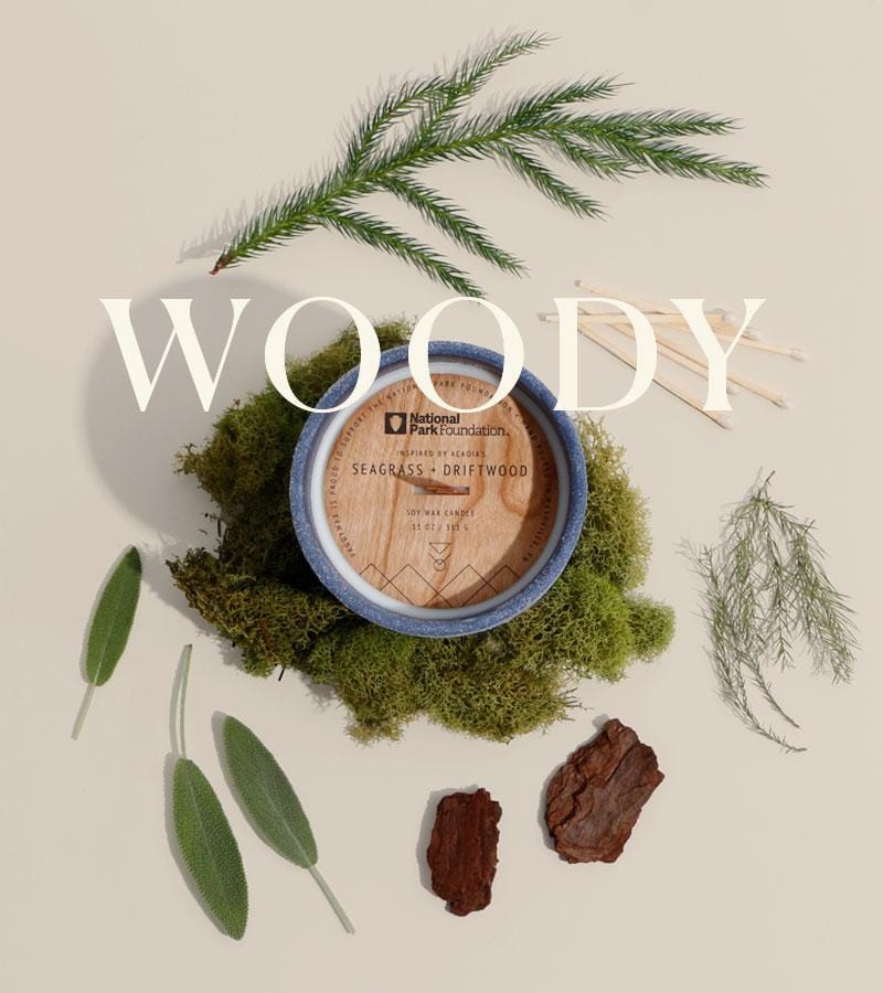 A candle labeled Seagrass + Driftwood sits on green moss, surrounded by pine sprigs, sage leaves, wood chips, and sticks. The word WOODY is boldly overlaid in large white letters.