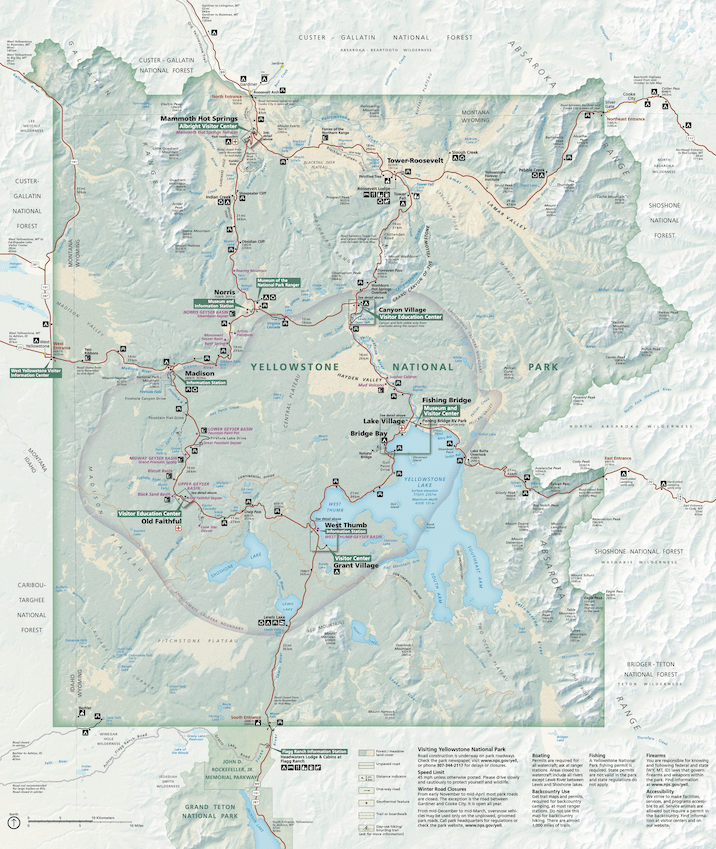 Map of Yellowstone National Park showing park boundaries, main roads, campgrounds, visitor centers, entrances, and key landmarks such as Old Faithful, Yellowstone Lake, Mammoth Hot Springs, and the Grand Canyon of the Yellowstone.