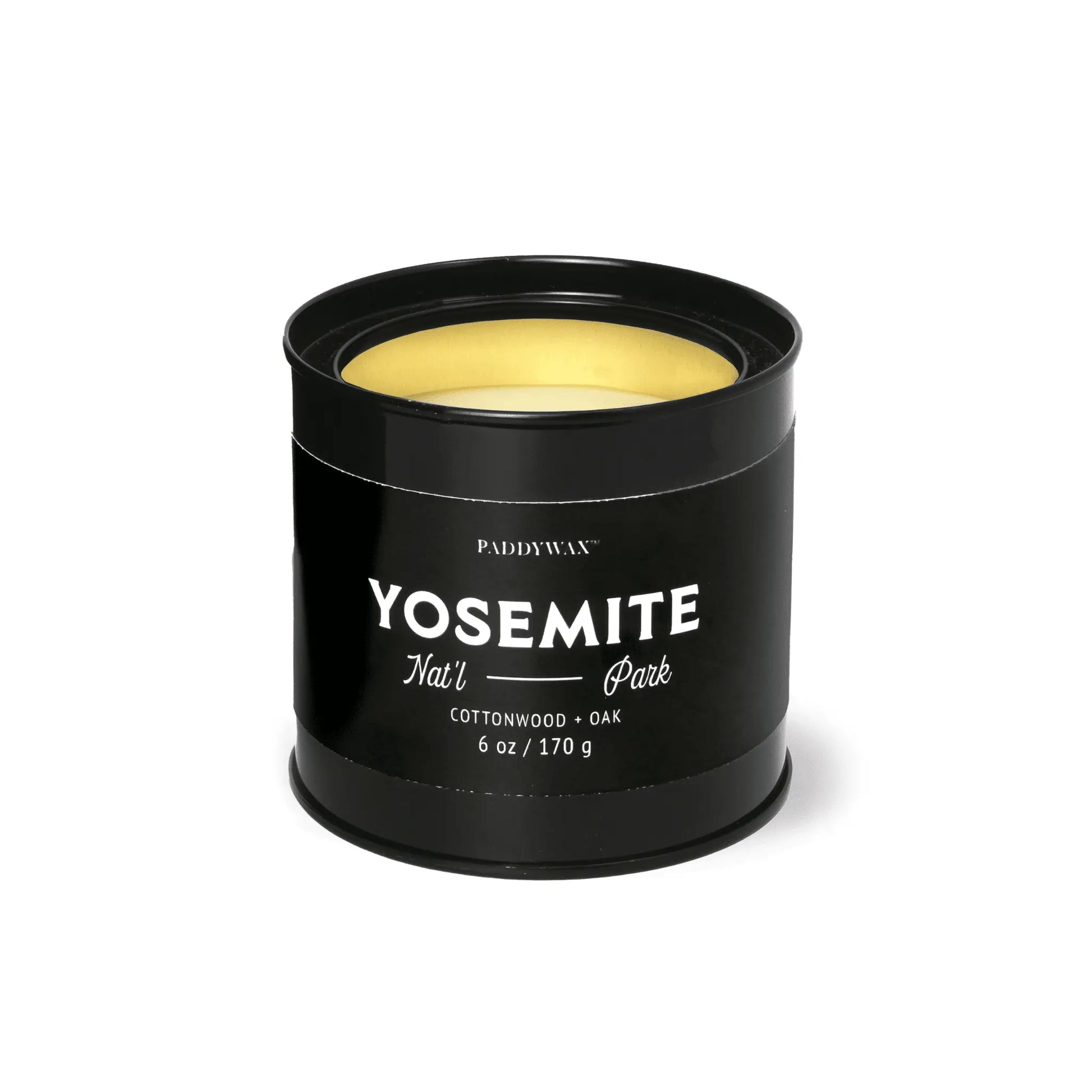 A black metal Yosemite - Parks 6 oz Tin Candle by Paddywax, featuring a cottonwood and oak scent.