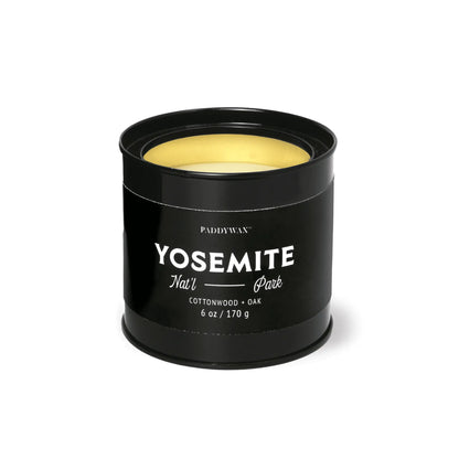 A black metal Yosemite - Parks 6 oz Tin Candle by Paddywax, featuring a cottonwood and oak scent.