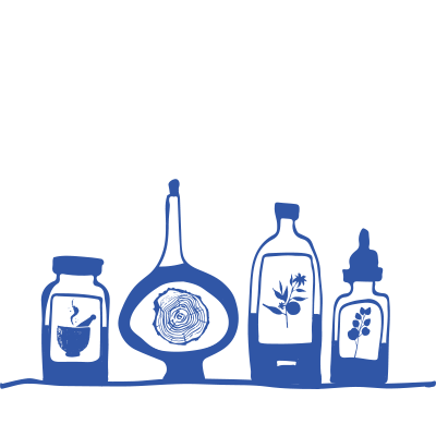 Four blue bottles and jars of varying shapes with nature-inspired labels are arranged in a row on a white background.