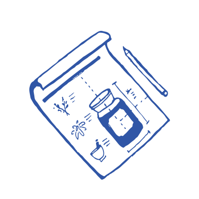 A blue sketch of a notebook page with a drawing of a jar, small plants, a mortar and pestle, and notes, next to a pencil, on a plain white background.