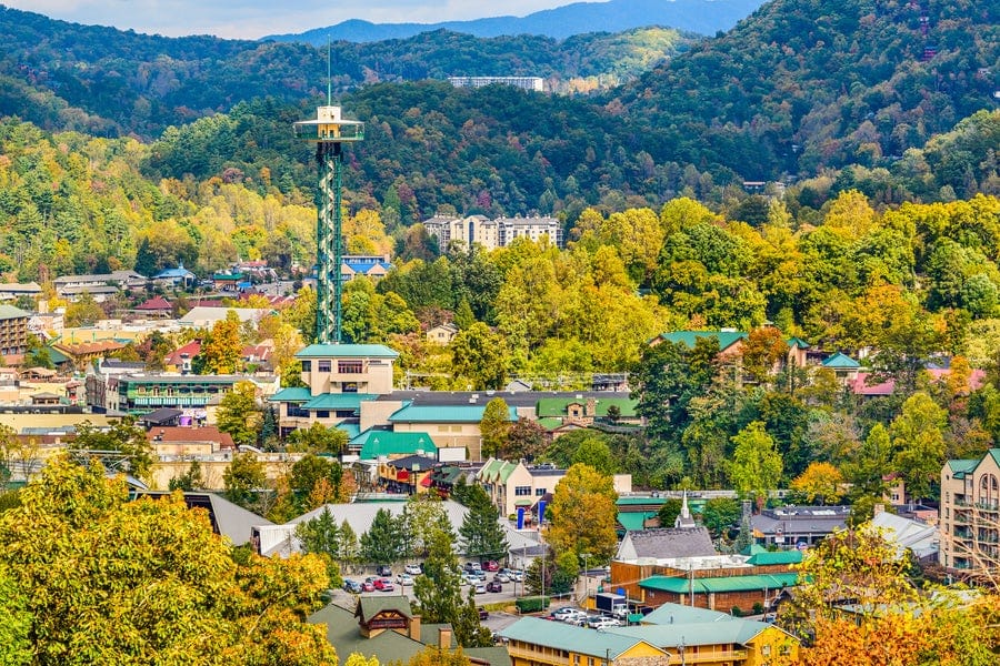 A scenic view of a small town surrounded by lush green trees and rolling hills, with a tall observation tower rising above the buildings and mountains in the background.