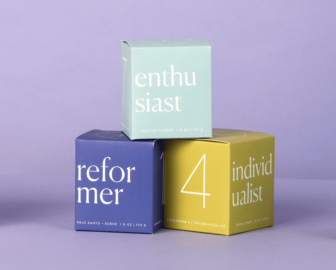 Three pastel-colored boxes are stacked against a purple background. The boxes are labeled “enthusiast” (mint green), “reformer” (blue), and “individualist” (yellow), each with distinct white typography.