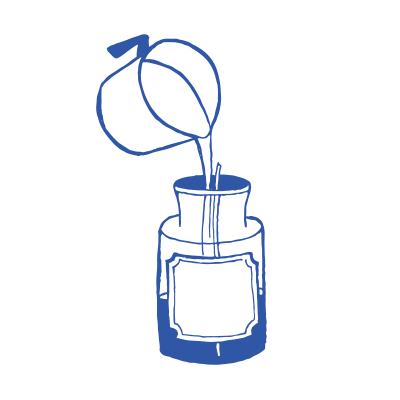 A simple blue line drawing of a teacup pouring liquid into a glass jar with a blank label on the front, set against a plain light background.