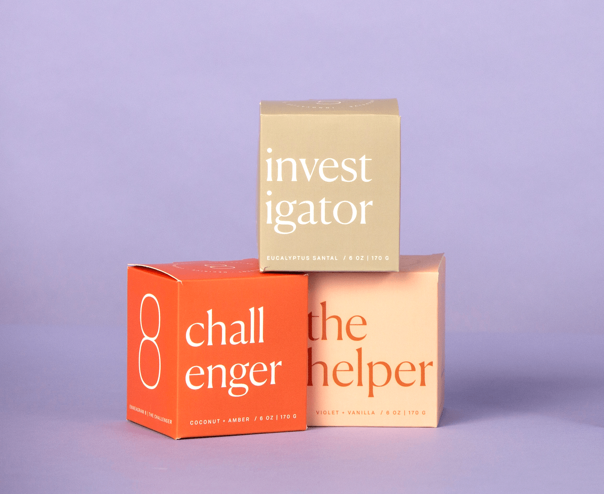 Three colorful boxes are stacked on a purple background. The top box is olive and reads investigator. The bottom left box is orange and says challenger. The bottom right box is peach and says the helper.