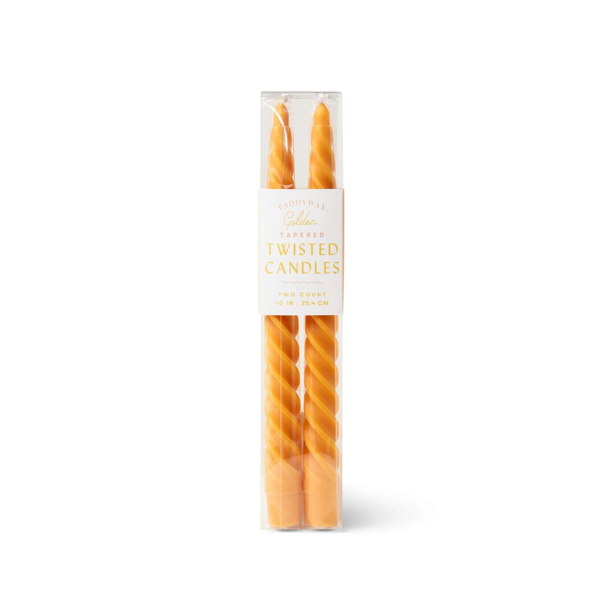 Two Golden Twisted Taper Candles, 10 in (25.4 cm), come unscented in a clear plastic box with a white and gold label—perfect decorative accents for any setting.