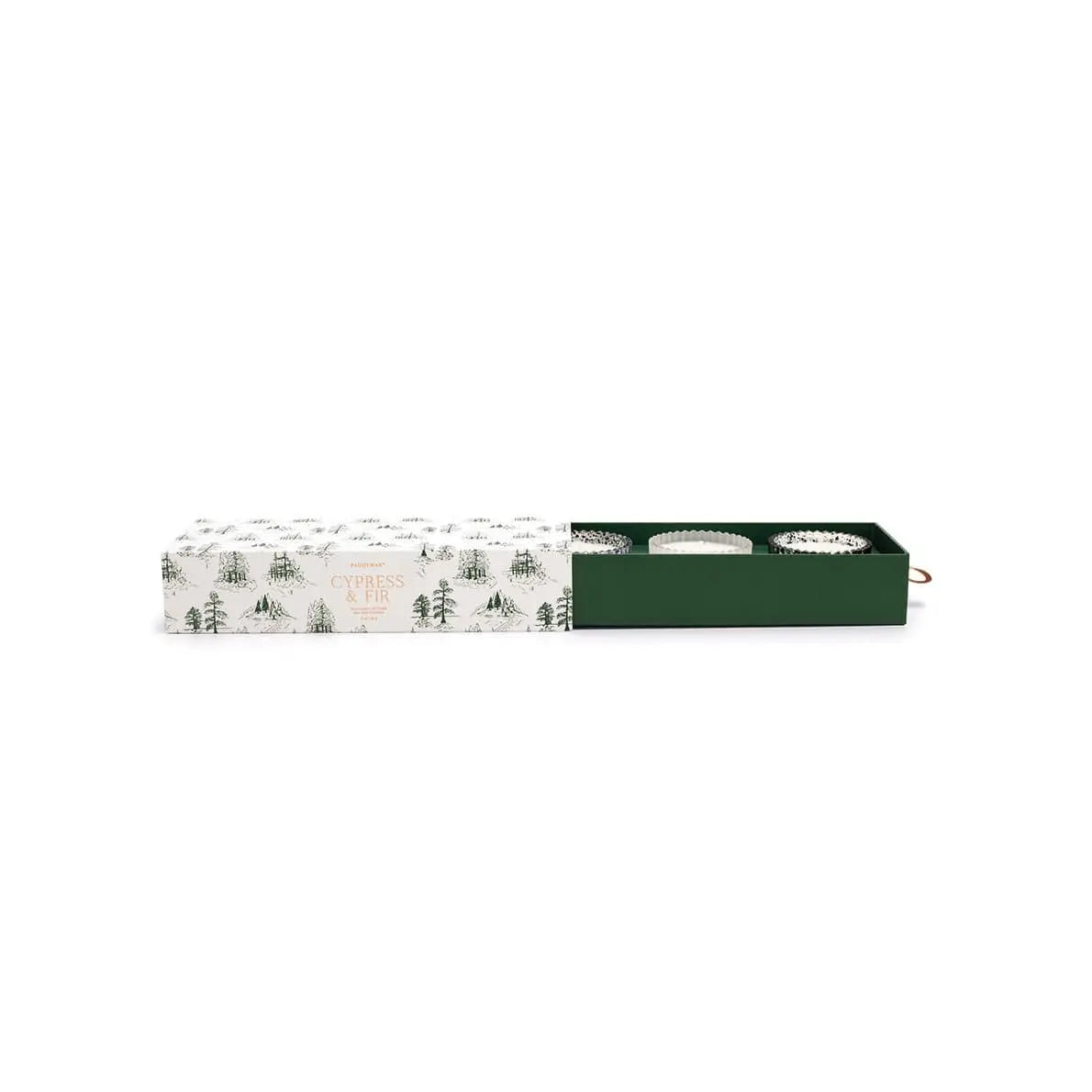 White and green gift box with three 2 oz Mercury Glass vessel candles; white wax and one cotton wick 