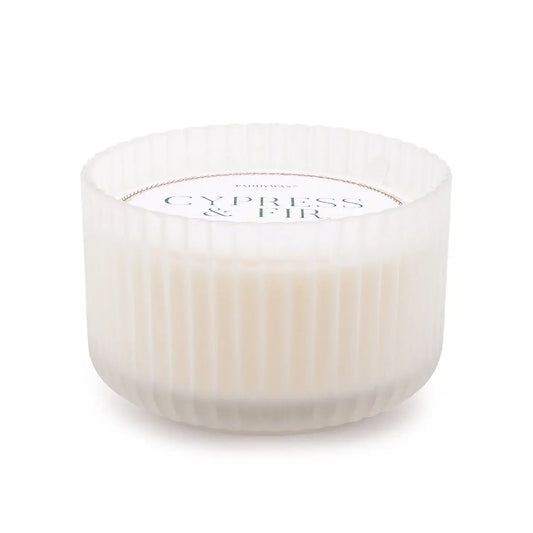 15 oz hazy white ribbed glass vessel; white dust cover
