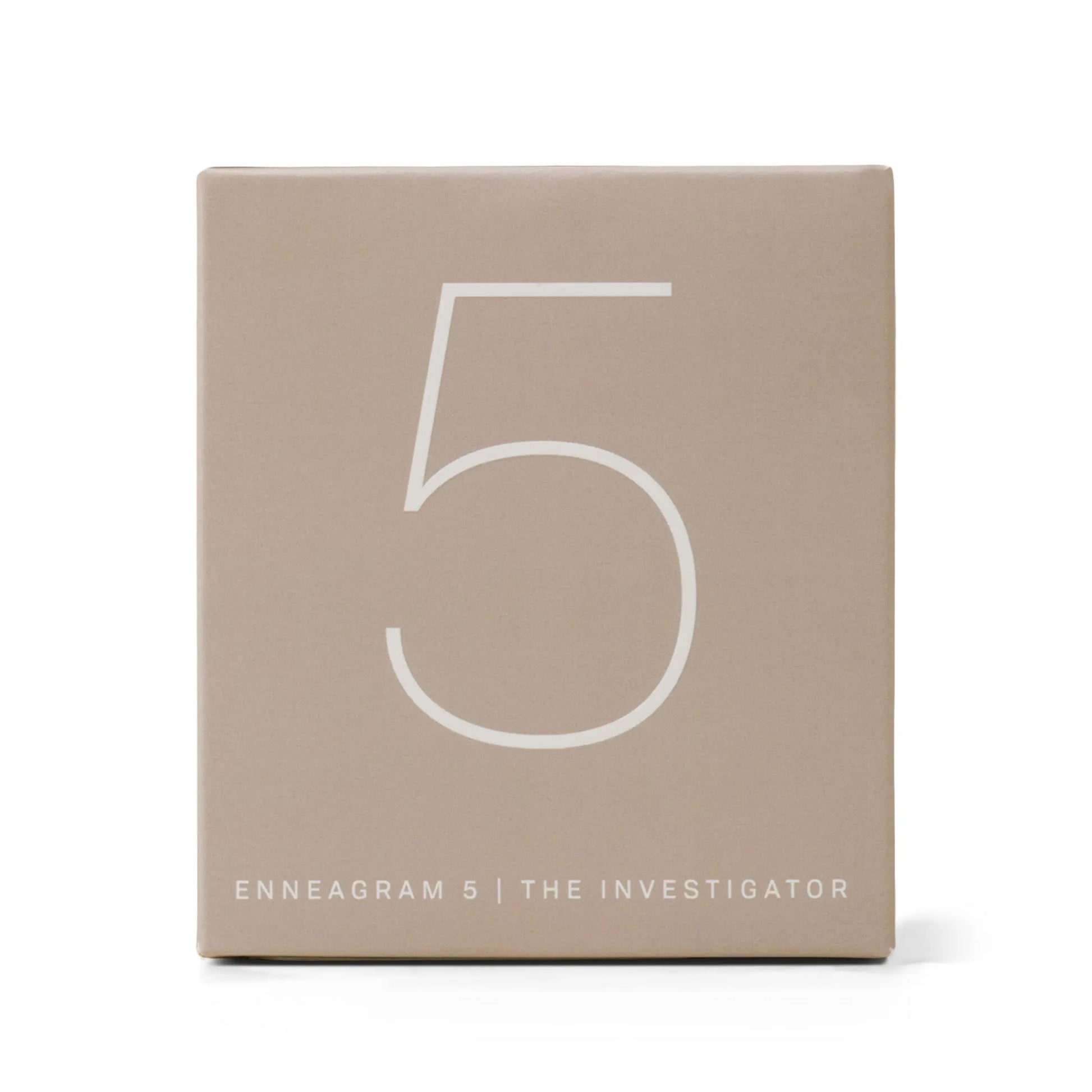 The Enneagram #5 Investigator 5 oz Candle in Eucalyptus Santal features a beige ombre glass with a bold number 5 and "Enneagram 5 | The Investigator"—a thoughtful scented gift for introspective personalities.