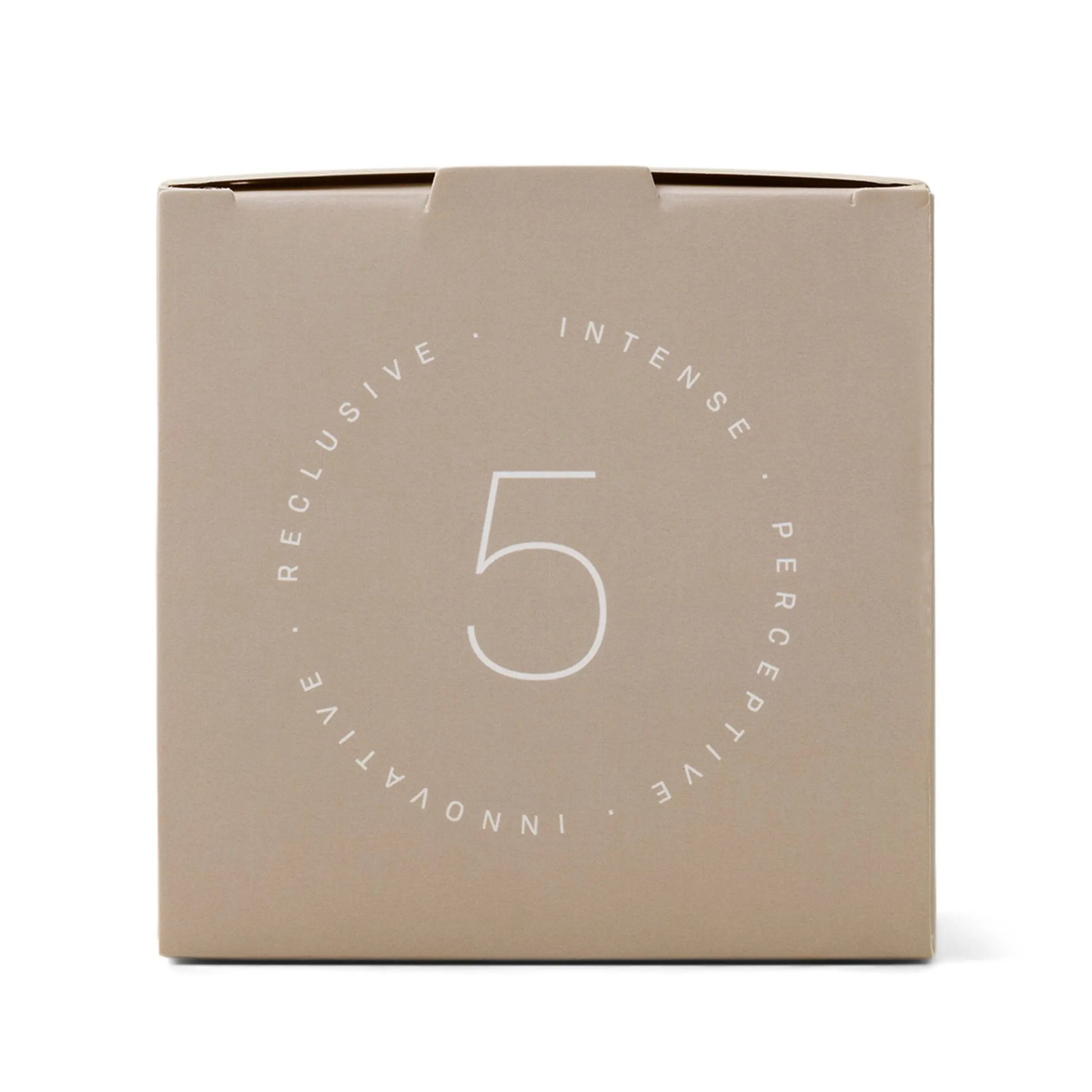 The Enneagram #5 Investigator 5 oz Candle - Eucalyptus Santal comes in a beige box featuring a centered number 5 with the words INTENSE, PERCEPTIVE, INNOVATIVE, and RECLUSIVE arranged in a circle around it.