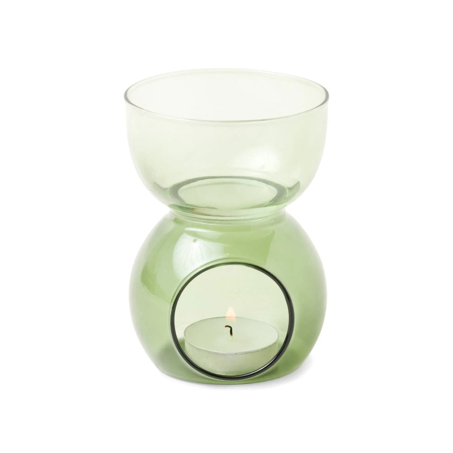 The Sage Green Glass - Essential Oil Burner & Tea Light Candle features a round base, open front, and top bowl for oils or wax melts—ideal for aromatherapy and relaxing moods.