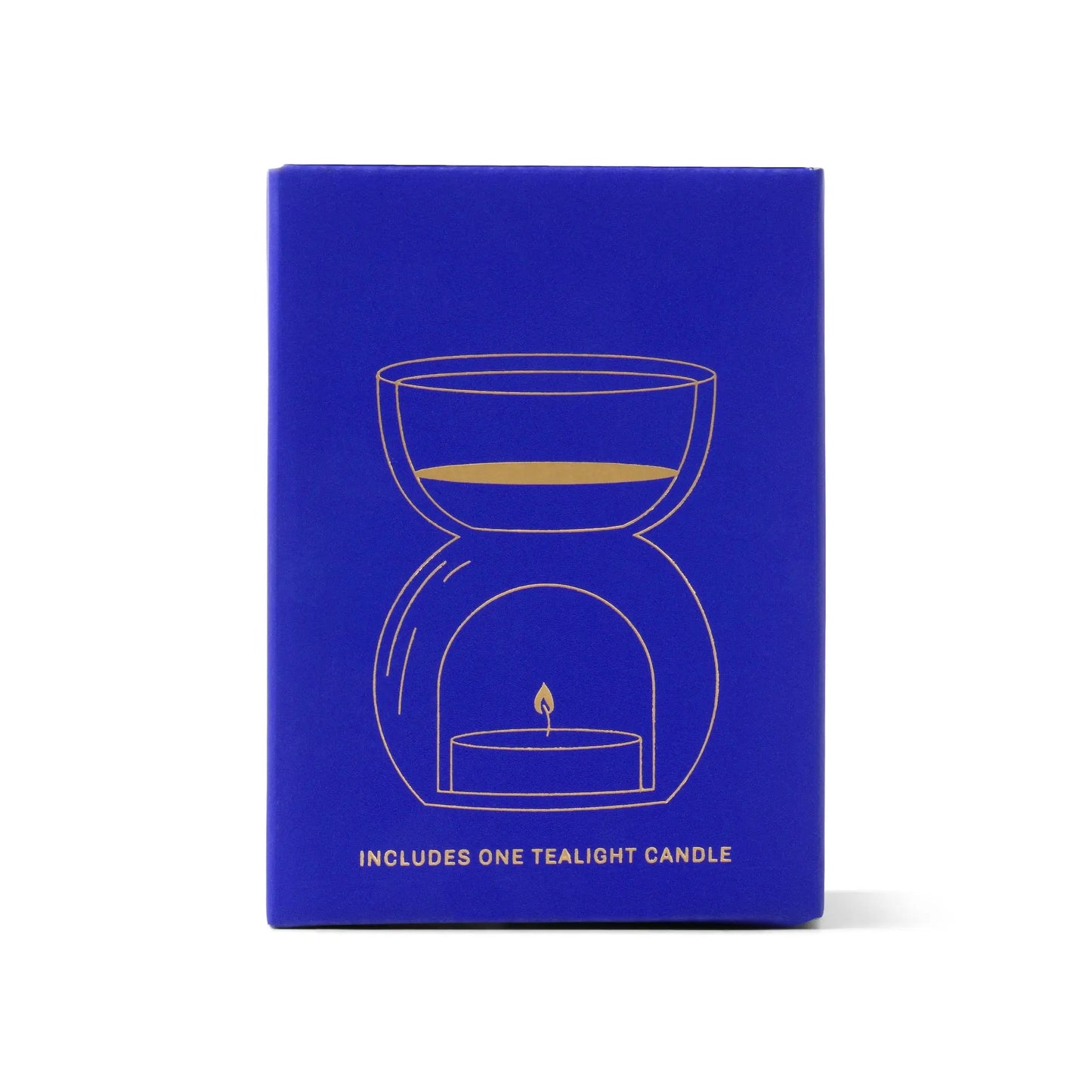 The Cobalt Blue Glass - Essential Oil Burner & Tea Light Candle features a minimalist gold line drawing of an oil burner and comes with one tealight candle included.