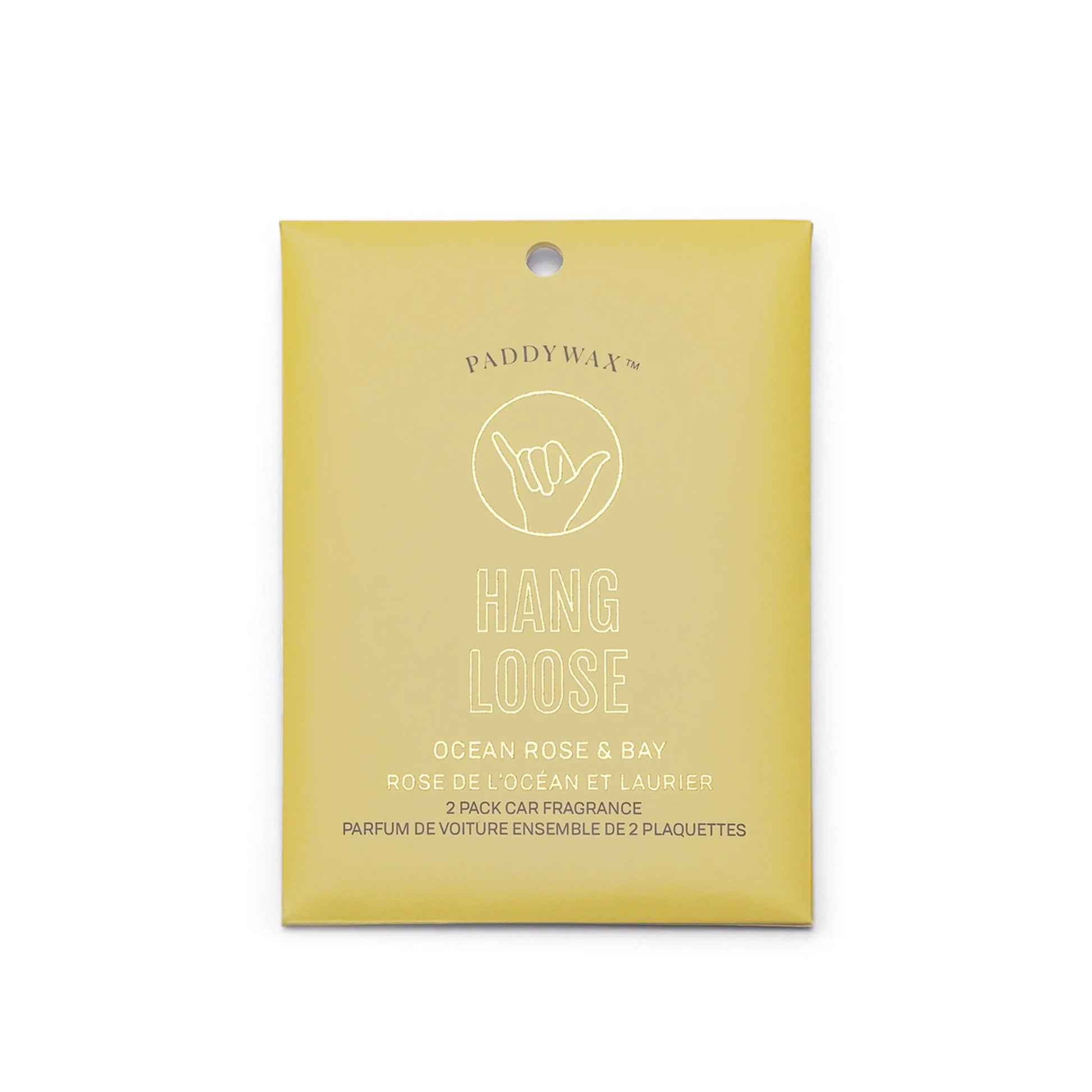 Yellow package of Ocean Rose + Bay "Hang Loose" - Impressions Car Fragrance, 2-pack, features hand sign art and bilingual details—a stylish air freshener for your car.