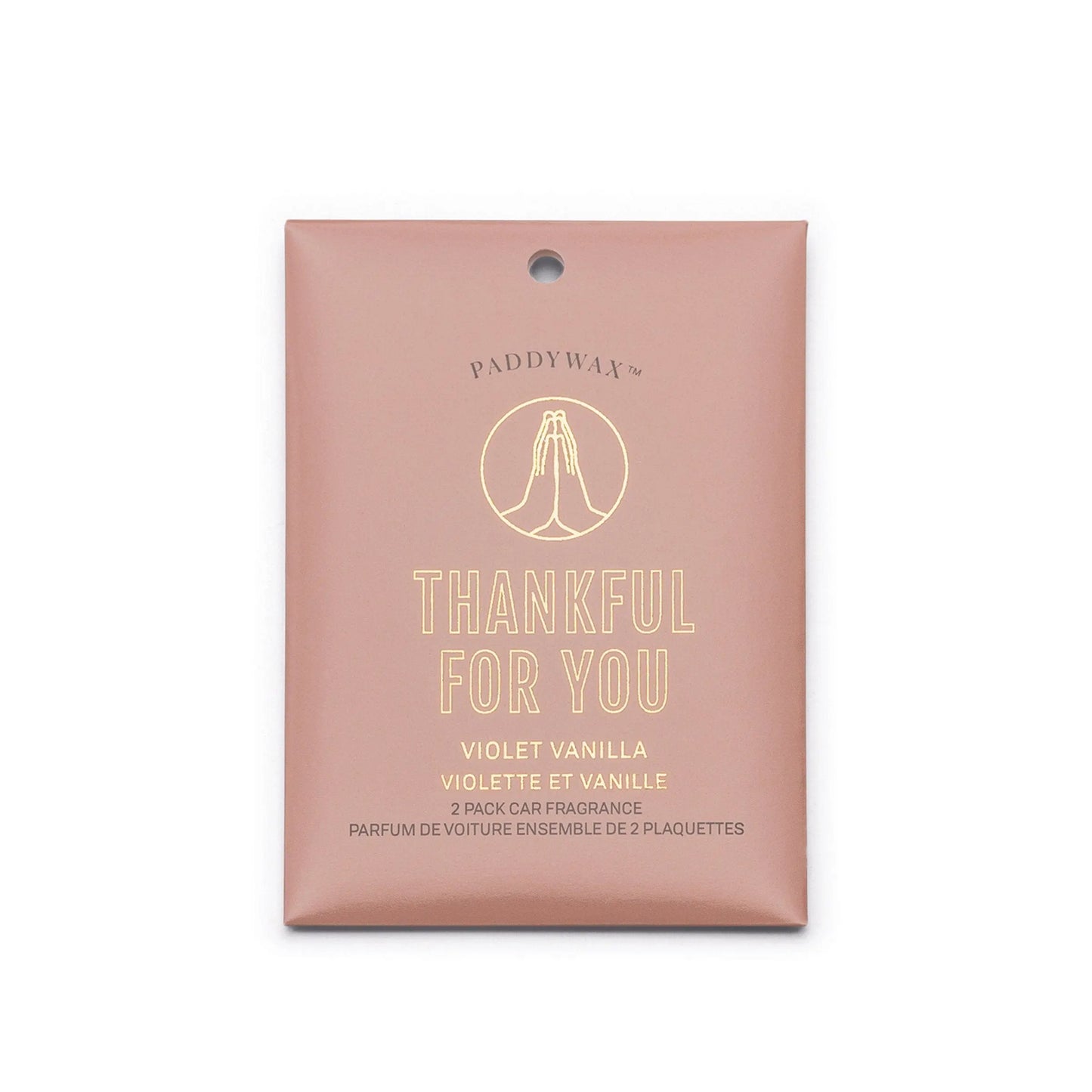 The Violet Vanilla "Thankful For You" Impressions Car Fragrance by Paddywax is a 2-pack, pink car air freshener that fills your ride with a delightful violet vanilla scent.