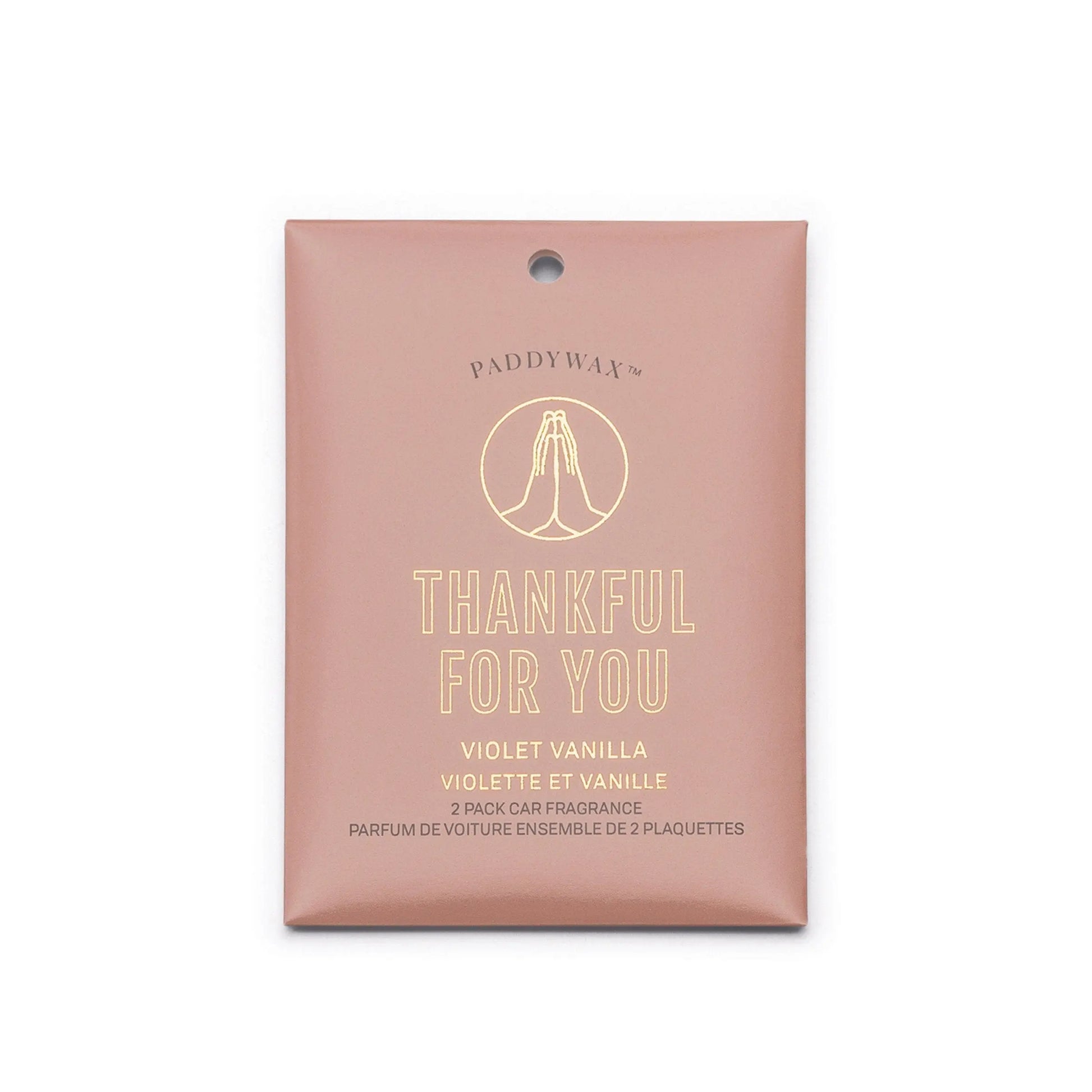 The Violet Vanilla "Thankful For You" Impressions Car Fragrance by Paddywax is a 2-pack, pink car air freshener that fills your ride with a delightful violet vanilla scent.