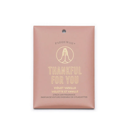 The Violet Vanilla "Thankful For You" Impressions Car Fragrance by Paddywax is a 2-pack, pink car air freshener that fills your ride with a delightful violet vanilla scent.