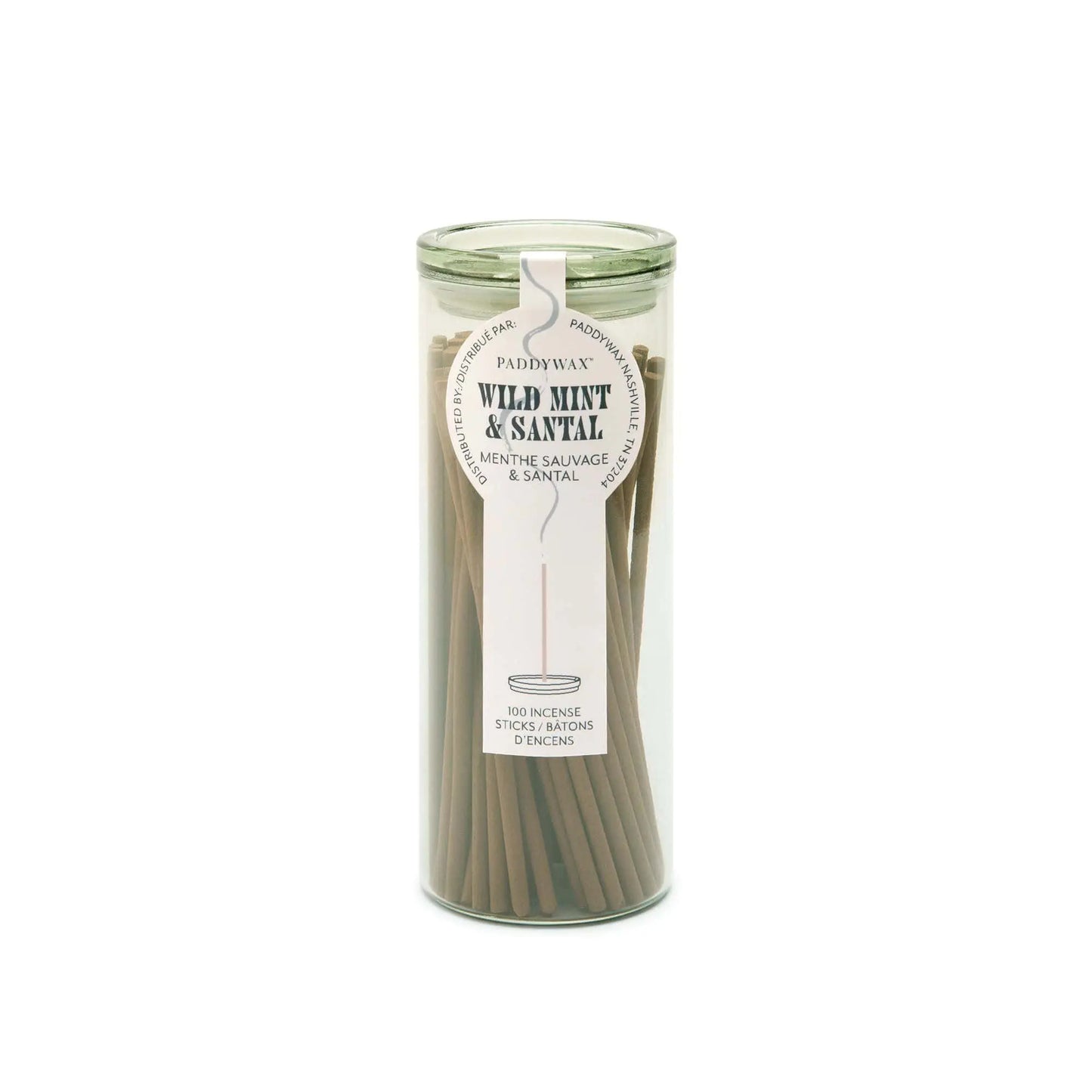 The Wild Mint + Santal - Haze Incense comes in a glass jar with 100 sticks. The scent is displayed on the front label, making it a perfect flameless fragrance for any space and a great addition to your incense collection.