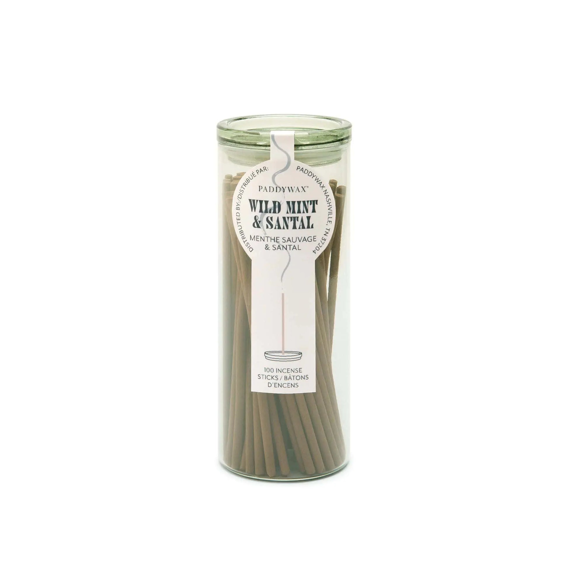 The Wild Mint + Santal - Haze Incense comes in a glass jar with 100 sticks. The scent is displayed on the front label, making it a perfect flameless fragrance for any space and a great addition to your incense collection.