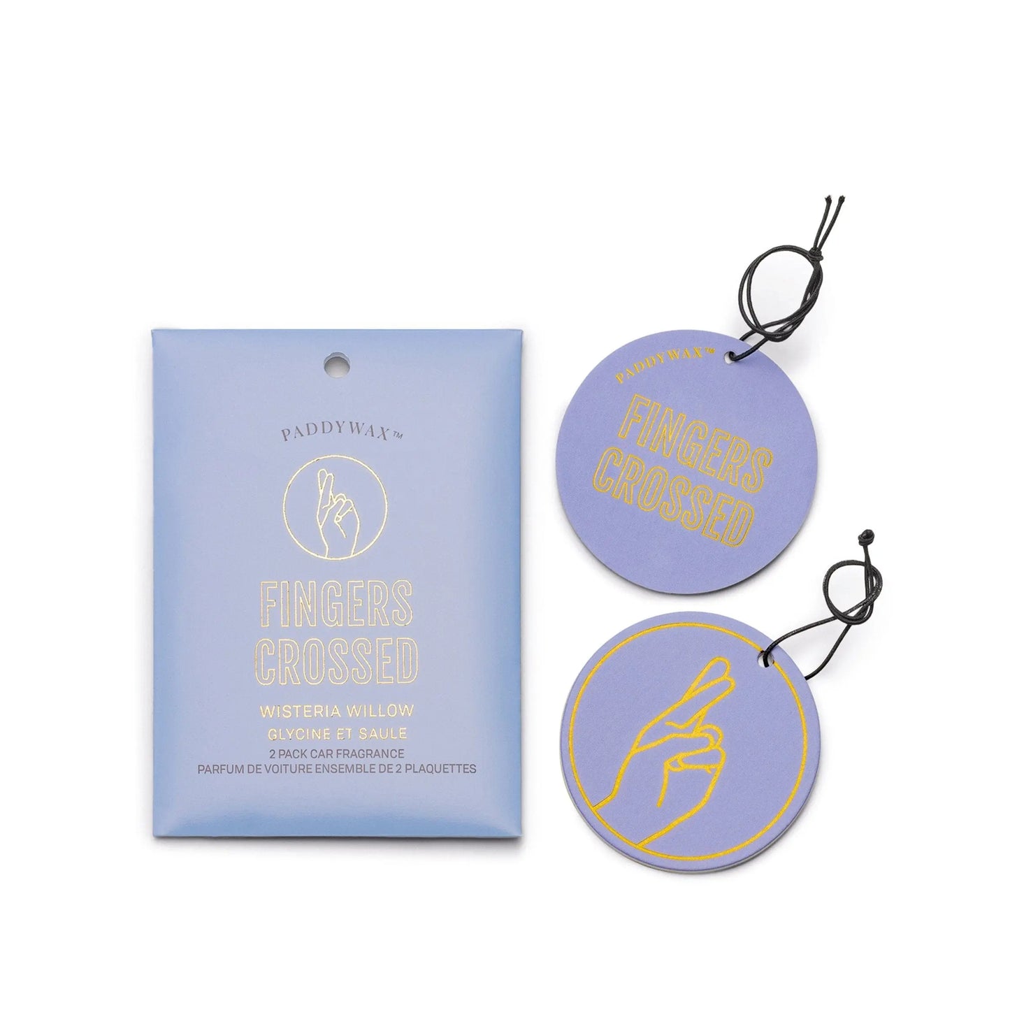The Wisteria + Willow “Fingers Crossed” Impressions Car Fragrance set includes two round lavender hanging fresheners with a yellow fingers-crossed graphic, delivering uplifting scent for your car.