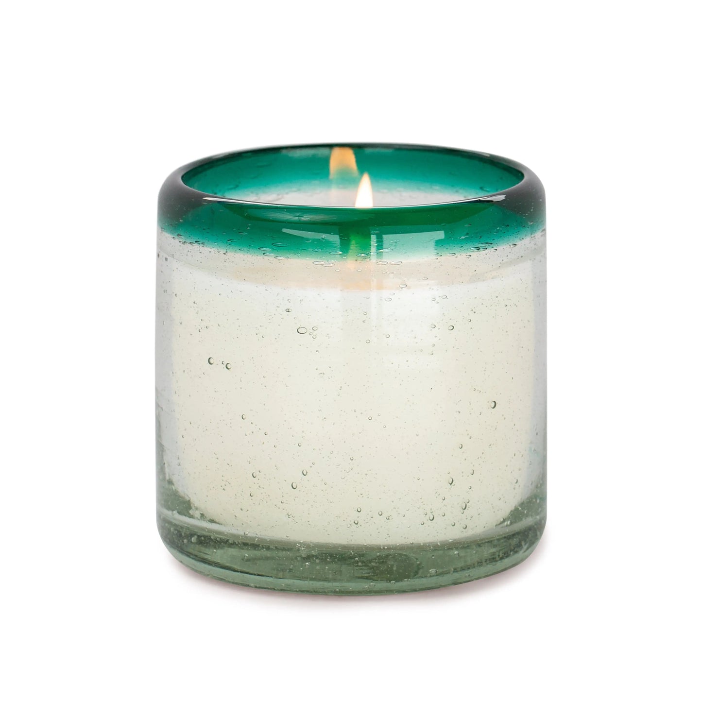 The Cactus Flower Bamboo - La Playa 9 oz Candle features a white candle in a transparent green hand-blown holder made from recycled glass, shown on a plain white background.