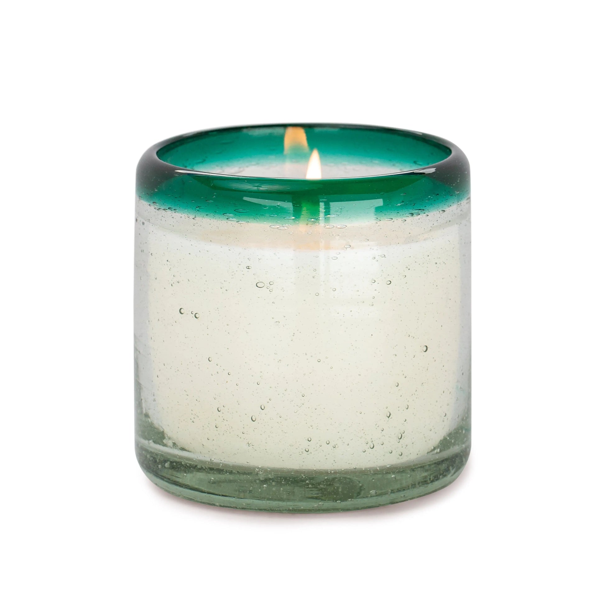 The Cactus Flower Bamboo - La Playa 9 oz Candle features a white candle in a transparent green hand-blown holder made from recycled glass, shown on a plain white background.