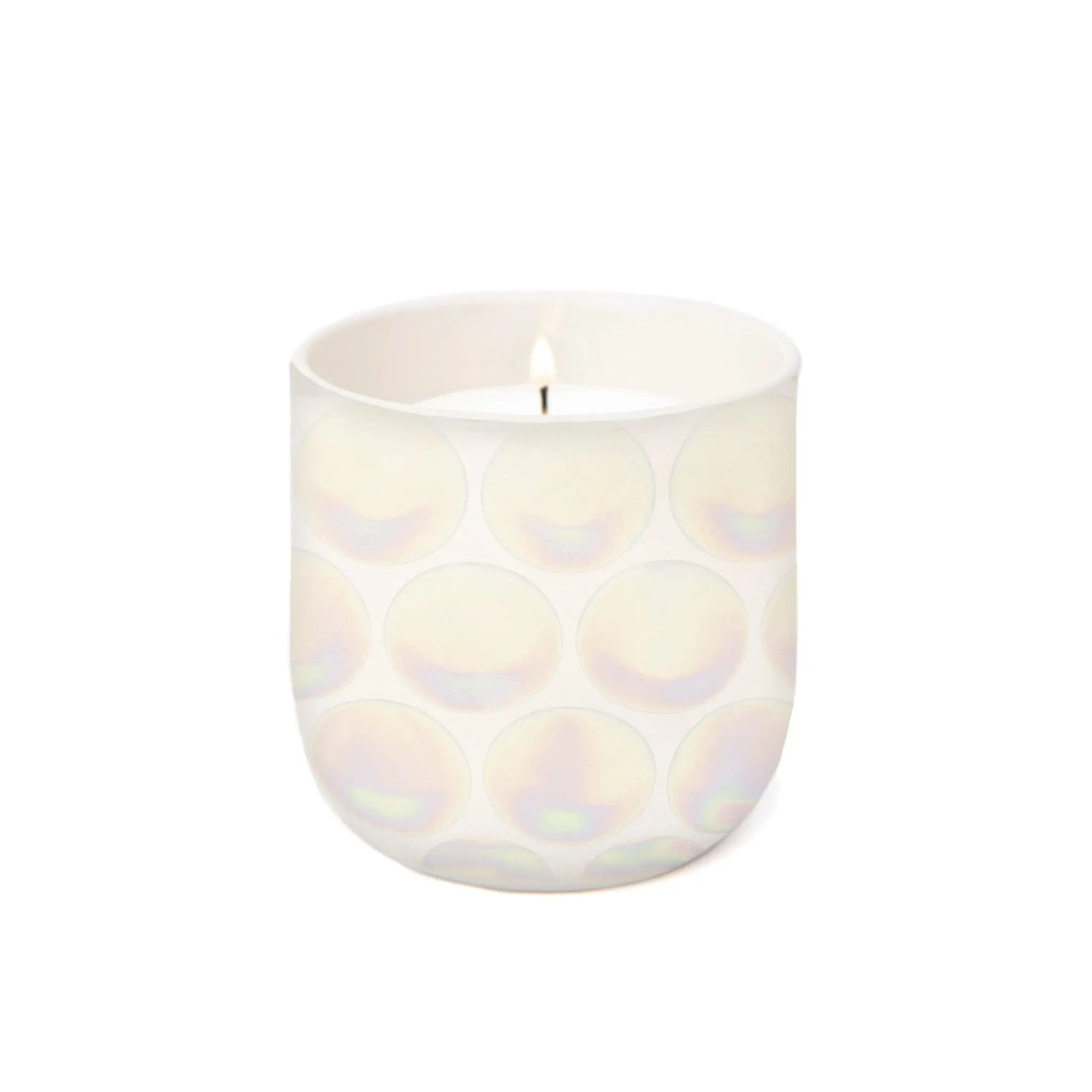The Tobacco Vanilla - Lustre Candle 10 oz is a white luxury scented candle in a round, iridescent reusable ceramic vessel with a subtle circular pattern, shown against a plain white background.
