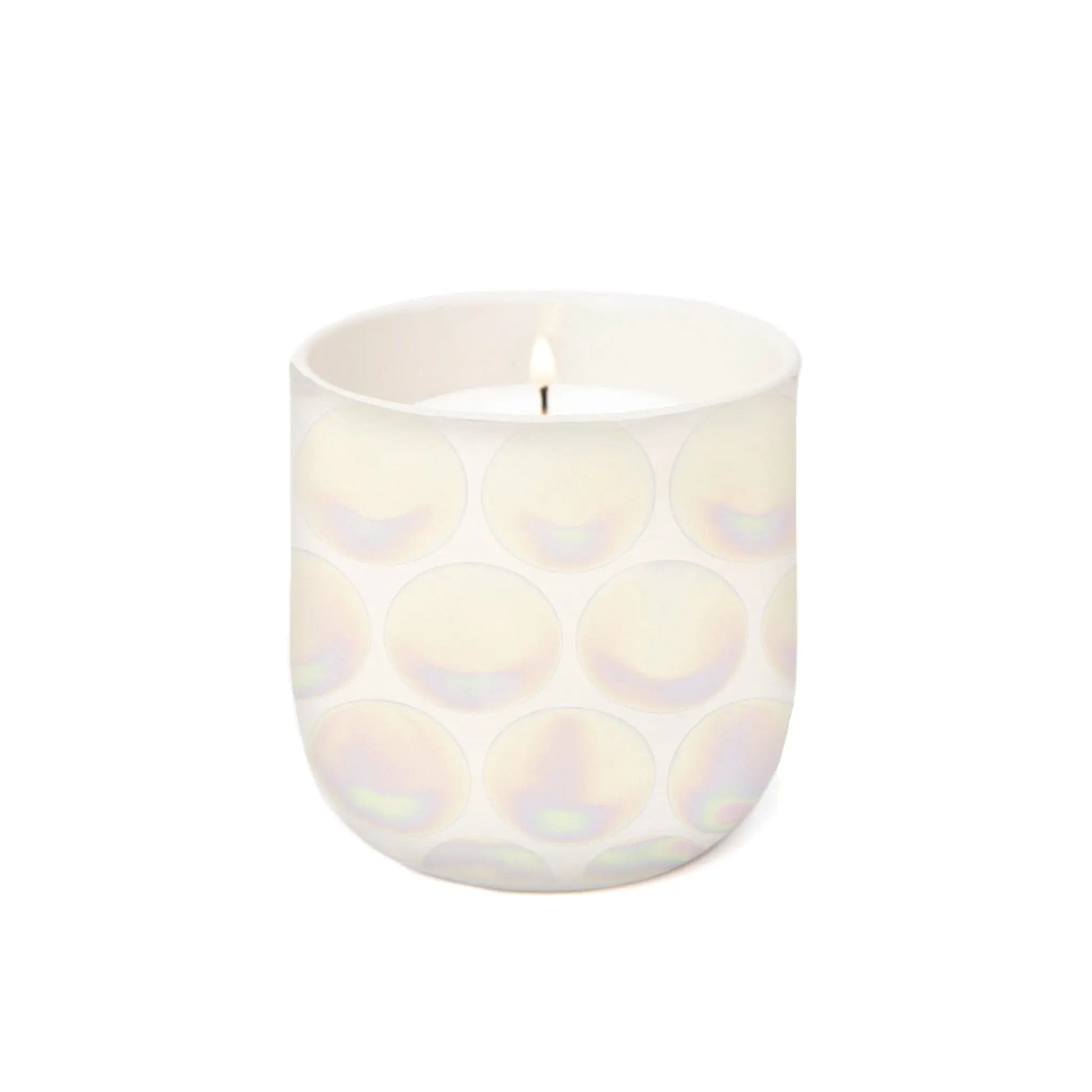 The Tobacco Vanilla - Lustre Candle 10 oz is a white luxury scented candle in a round, iridescent reusable ceramic vessel with a subtle circular pattern, shown against a plain white background.