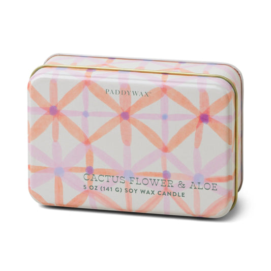 Cactus Flower & Aloe - 5 oz Tin Candle: A rectangular tin candle with a pink and orange geometric floral pattern, offering a fresh floral scent.