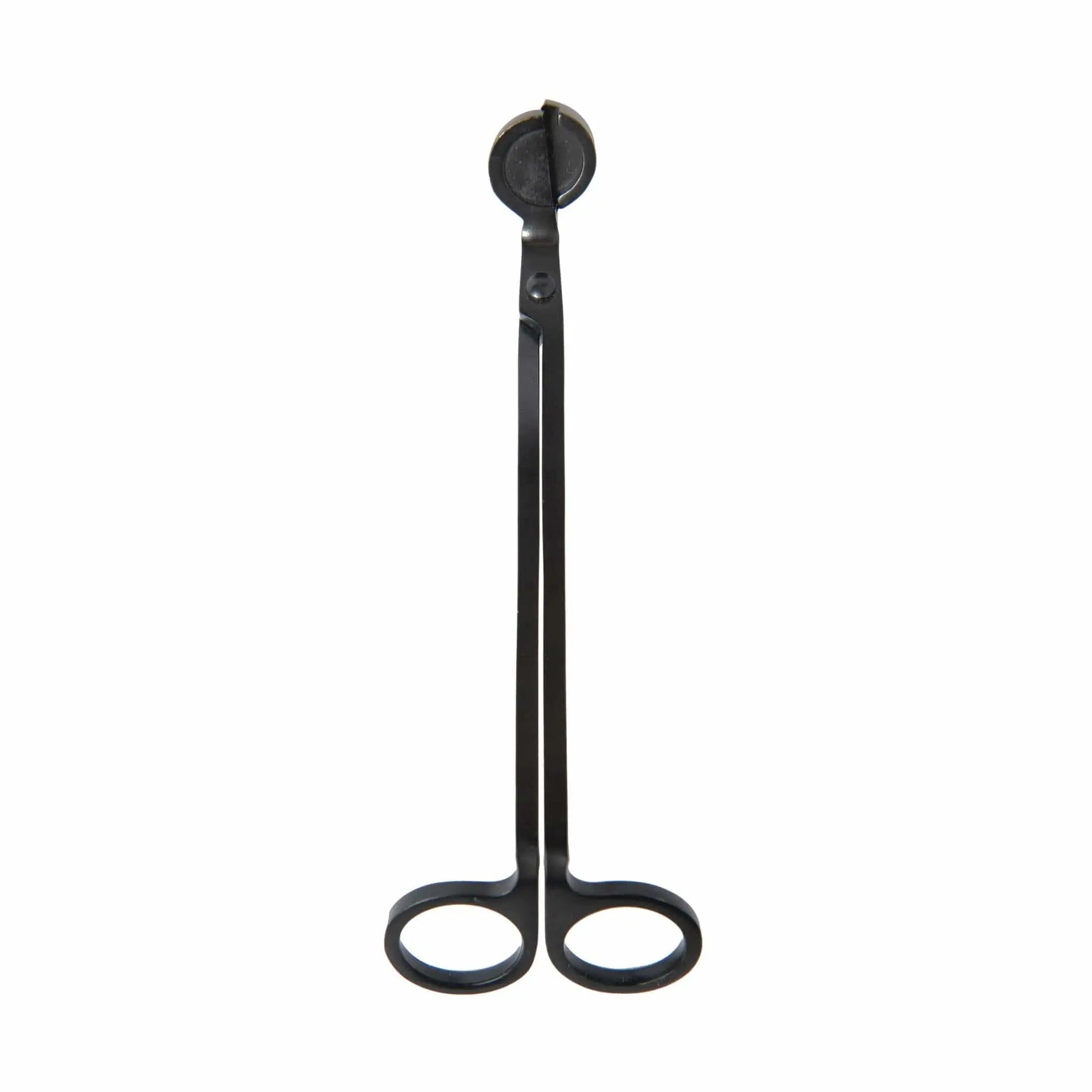 The Wick Trimmer - Matte Black features scissor-like handles and a circular cutting tip, enabling safe, efficient trimming of candle wicks.